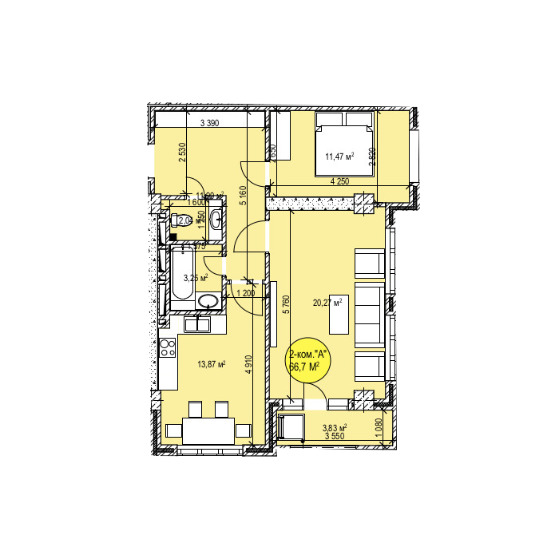 Планировка 2-комнатные квартиры, 66.7 m2 в ЖК Чынгыз Айтматов Ордосу, в г. Бишкека