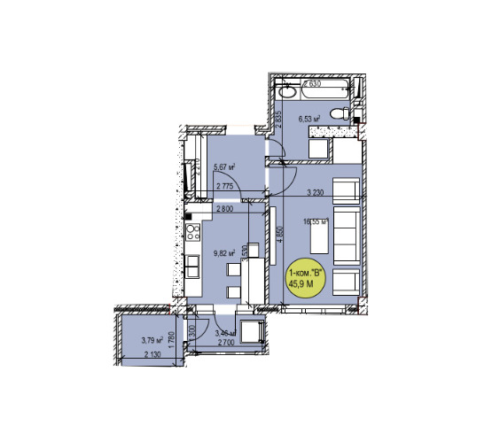 Планировка 1-комнатные квартиры, 45.9 m2 в ЖК Чынгыз Айтматов Ордосу, в г. Бишкека