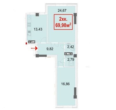 Планировка 2-комнатные квартиры, 69.98 m2 в ЖД Аламедин, в г. Бишкека