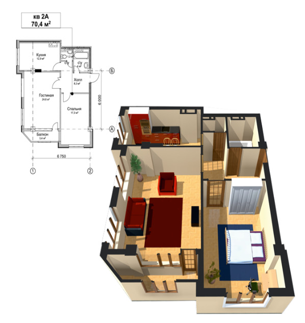 Планировка 2-комнатные квартиры, 70.42 m2 в ЖК Чынгыз Айтматов Ордосу, в г. Бишкека