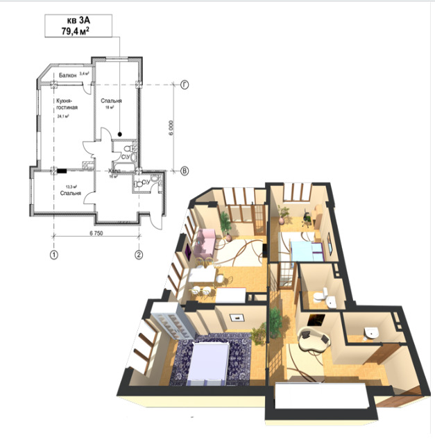 Планировка 3-комнатные квартиры, 79.43 m2 в ЖК Чынгыз Айтматов Ордосу, в г. Бишкека