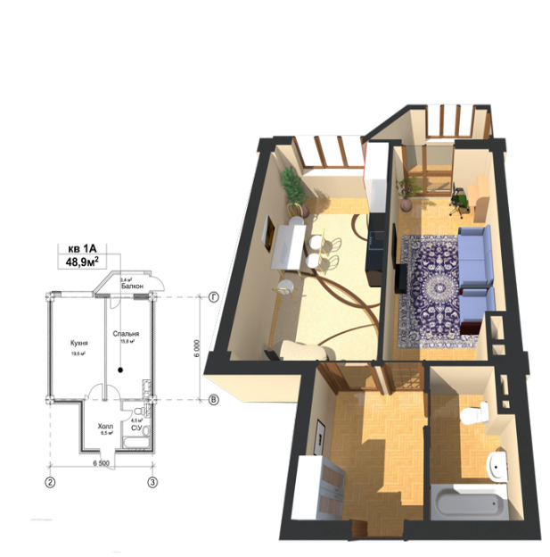 Планировка 1-комнатные квартиры, 48.95 m2 в ЖК Чынгыз Айтматов Ордосу, в г. Бишкека