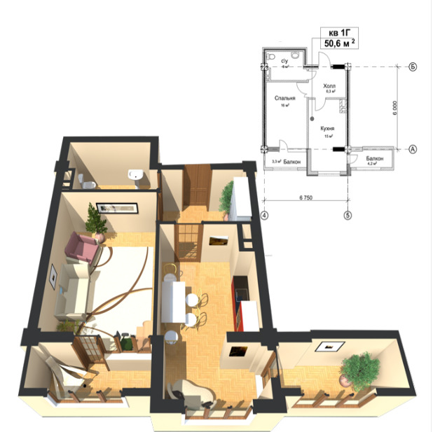 Планировка 1-комнатные квартиры, 50.61 m2 в ЖК Чынгыз Айтматов Ордосу, в г. Бишкека