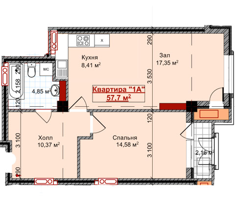 Планировка 1-комнатные квартиры, 57.7 m2 в ЖК Магнат, в г. Бишкека