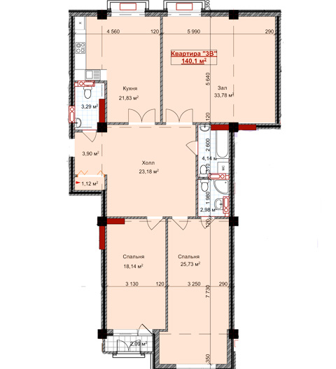 Планировка 3-комнатные квартиры, 140.1 m2 в ЖК Магнат, в г. Бишкека
