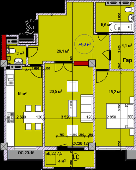 Планировка 2-комнатные квартиры, 74 m2 в ЖК 12th Аvenue, в г. Бишкека