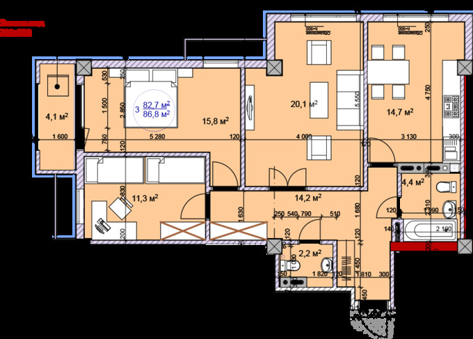 Планировка 3-комнатные квартиры, 86.8 m2 в ЖК 12th Аvenue, в г. Бишкека