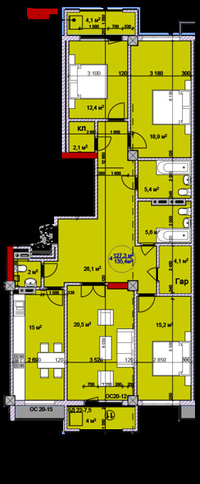 Планировка 4-комнатные квартиры, 135.4 m2 в ЖК 12th Аvenue, в г. Бишкека