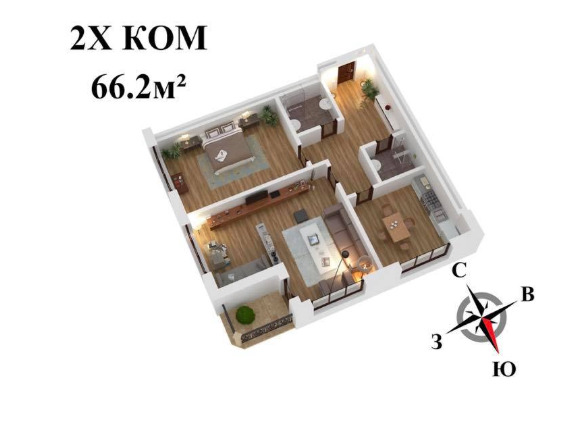 Планировка 2-комнатные квартиры, 66.2 m2 в ЖК Сириус+, в г. Бишкека