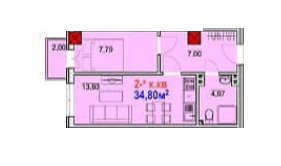 Планировка 2-комнатные квартиры, 34.8 m2 в ЖД Ихсан, в г. Бишкека