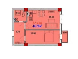Планировка 2-комнатные квартиры, 44.78 m2 в ЖД Ихсан, в г. Бишкека