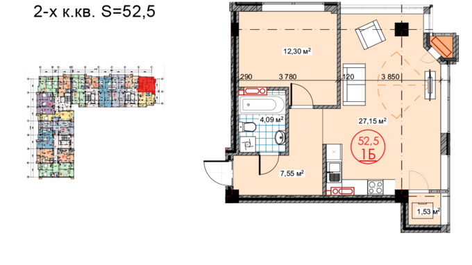 Планировка 2-комнатные квартиры, 52.5 m2 в ЖК Юбилейный, в г. Бишкека