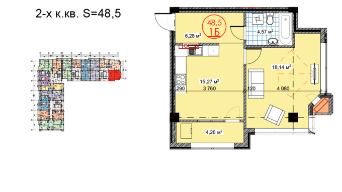 Планировка 2-комнатные квартиры, 48.5 m2 в ЖК Юбилейный, в г. Бишкека