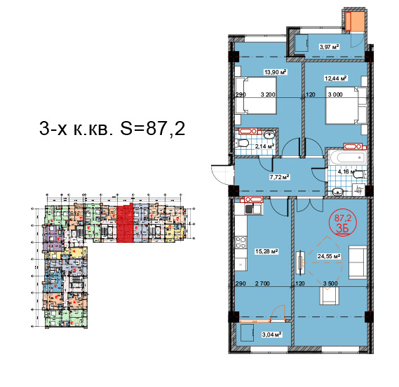 Планировка 3-комнатные квартиры, 87.2 m2 в ЖК Юбилейный, в г. Бишкека