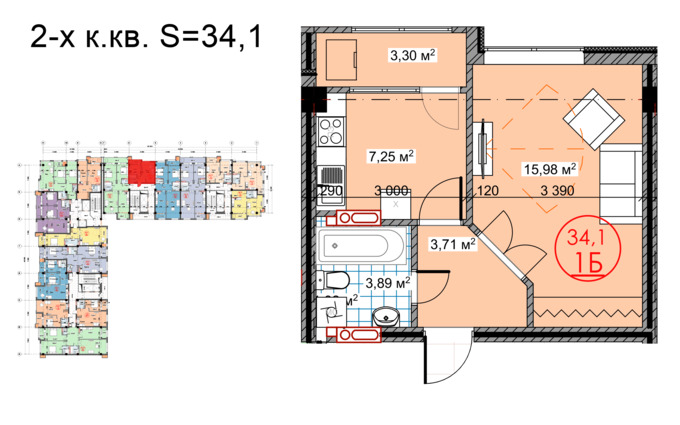 Планировка 2-комнатные квартиры, 34.1 m2 в ЖК Юбилейный, в г. Бишкека