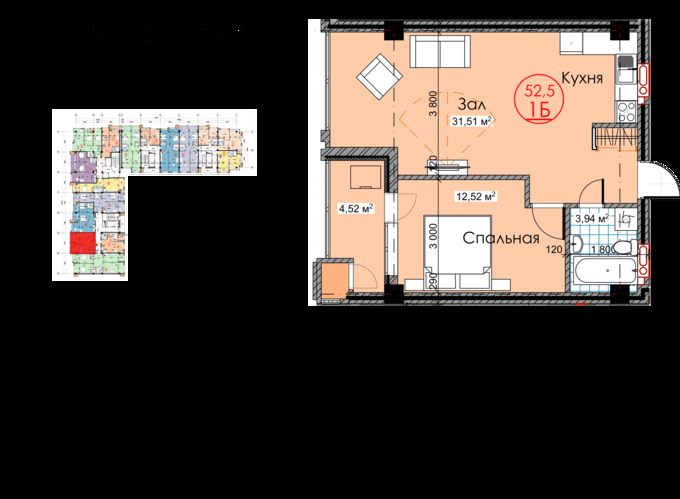 Планировка 2-комнатные квартиры, 52.5 m2 в ЖК Юбилейный, в г. Бишкека
