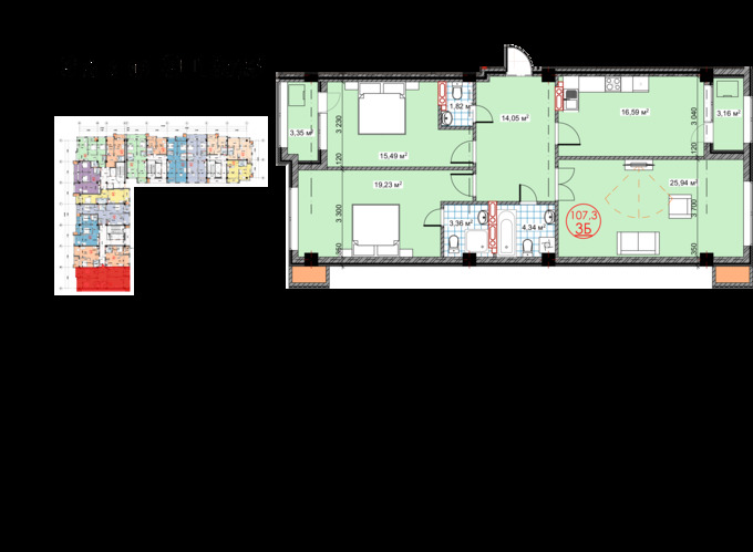 Планировка 3-комнатные квартиры, 107.3 m2 в ЖК Юбилейный, в г. Бишкека