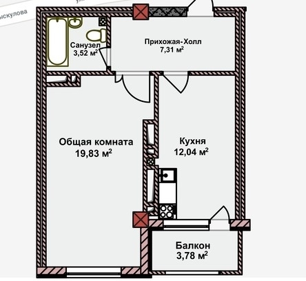Планировка 1-комнатные квартиры, 45.48 m2 в ЖК Сулайман Тоо, в г. Бишкека