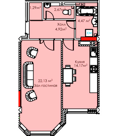 Планировка 1-комнатные квартиры, 49.65 m2 в ЖК Асанбай Ордо, в г. Бишкека
