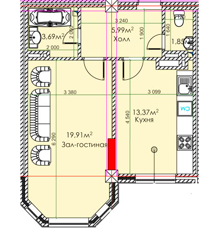 Планировка 1-комнатные квартиры, 44.81 m2 в ЖК Асанбай Ордо, в г. Бишкека