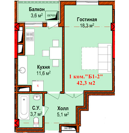 Планировка 1-комнатные квартиры, 42.3 m2 в ЖК Оомат Плюс, в г. Бишкека