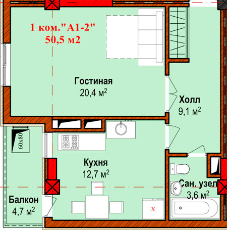 Планировка 1-комнатные квартиры, 50.5 m2 в ЖК Оомат Плюс, в г. Бишкека