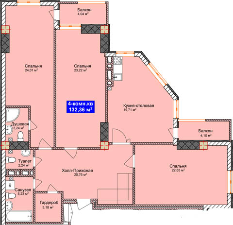 Планировка 4-комнатные квартиры, 132.36 m2 в Жилой дом Элес, в г. Бишкека