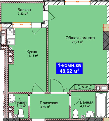Планировка 1-комнатные квартиры, 48.62 m2 в Жилой дом Элес, в г. Бишкека