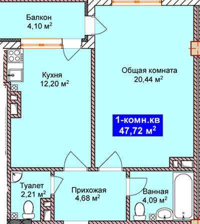 Планировка 1-комнатные квартиры, 47.72 m2 в Жилой дом Элес, в г. Бишкека