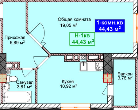 Планировка 1-комнатные квартиры, 44.43 m2 в Жилой дом Элес, в г. Бишкека