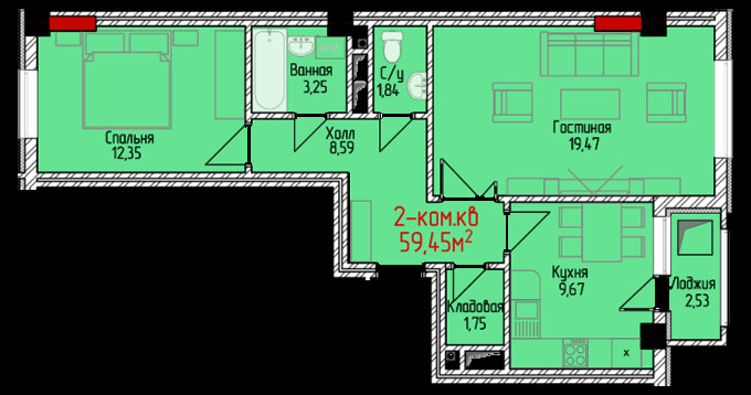 Планировка 2-комнатные квартиры, 59.45 m2 в ЖК Тумар (Имарат Строй), в г. Бишкека