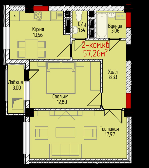 Планировка 2-комнатные квартиры, 57.26 m2 в ЖК Тумар (Имарат Строй), в г. Бишкека