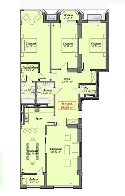 Планировка 4-комнатные квартиры, 164.84 m2 в ЖК Монако, в г. Бишкека