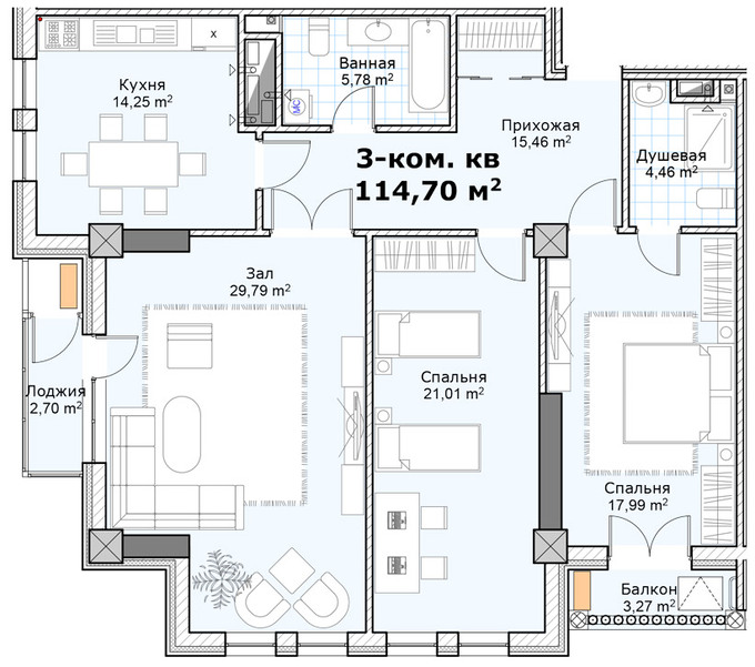 Планировка 3-комнатные квартиры, 114.7 m2 в ЖК Манчестер, в г. Бишкека