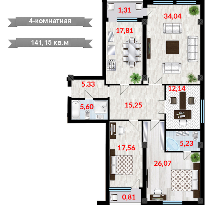 Планировка 4-комнатные квартиры, 141.15 m2 в ЖК Park Avenue, в г. Бишкека