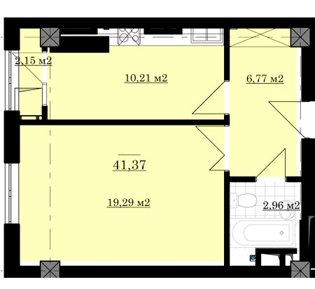 Планировка 1-комнатные квартиры, 41.32 m2 в ЖК Жибек-жолу, в г. Бишкека