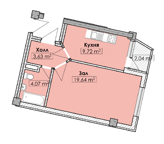 Планировка 1-комнатные квартиры, 39.1 m2 в ЖК Кок-Джар де Люкс, в г. Бишкека