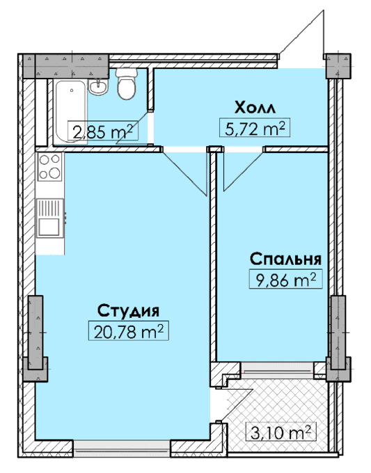 Планировка 1-комнатные квартиры, 42.3 m2 в ЖК Кок-Джар де Люкс, в г. Бишкека