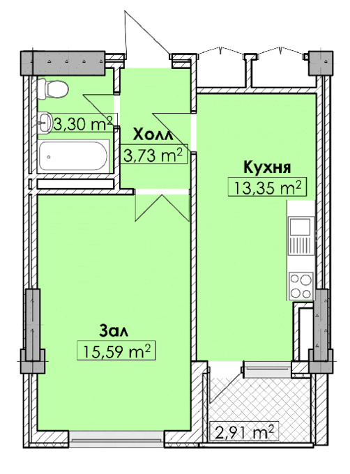 Планировка 1-комнатные квартиры, 38.87 m2 в ЖК Кок-Джар де Люкс, в г. Бишкека