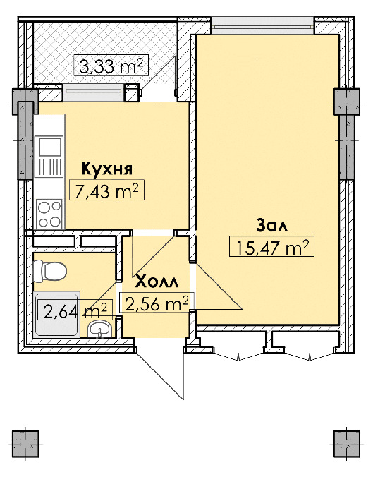 Планировка 1-комнатные квартиры, 31.42 m2 в ЖК Кок-Джар де Люкс, в г. Бишкека