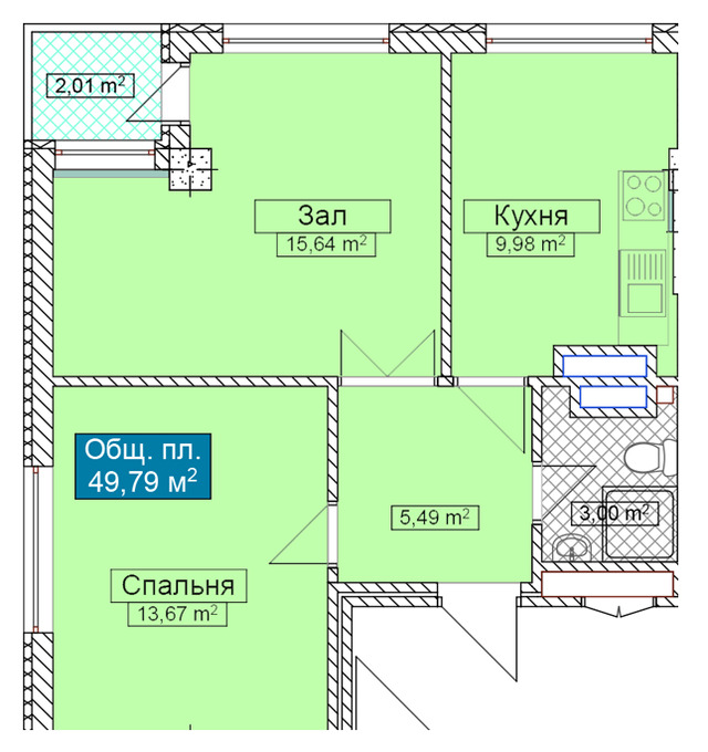 Планировка 2-комнатные квартиры, 49.79 m2 в ЖК Кок-Джар де Люкс, в г. Бишкека
