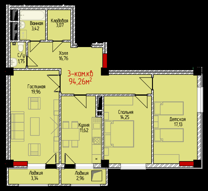 Планировка 3-комнатные квартиры, 94.26 m2 в ЖК Тумар (Имарат Строй), в г. Бишкека