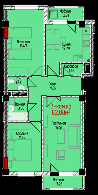 Планировка 3-комнатные квартиры, 82.08 m2 в ЖК Тумар (Имарат Строй), в г. Бишкека