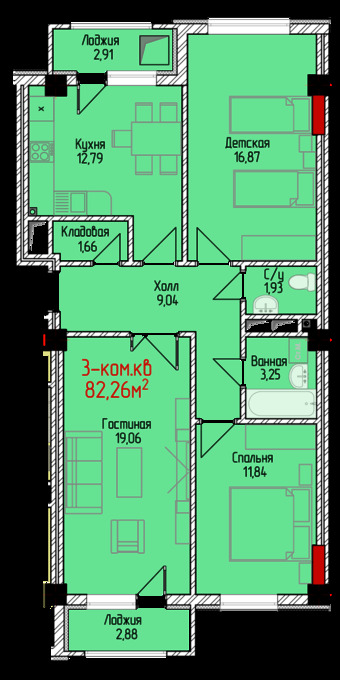 Планировка 3-комнатные квартиры, 82.26 m2 в ЖК Тумар (Имарат Строй), в г. Бишкека
