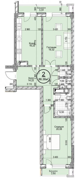 Планировка 2-комнатные квартиры, 86.36 m2 в ЖК Эркиндик, в г. Бишкека