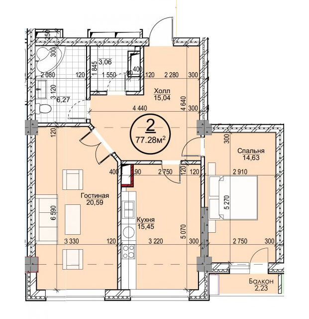 Планировка 2-комнатные квартиры, 77.28 m2 в ЖК Эркиндик, в г. Бишкека