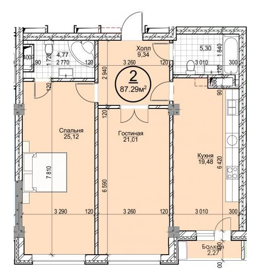 Планировка 2-комнатные квартиры, 87.29 m2 в ЖК Эркиндик, в г. Бишкека