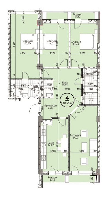 Планировка 4-комнатные квартиры, 143.25 m2 в ЖК Эркиндик, в г. Бишкека