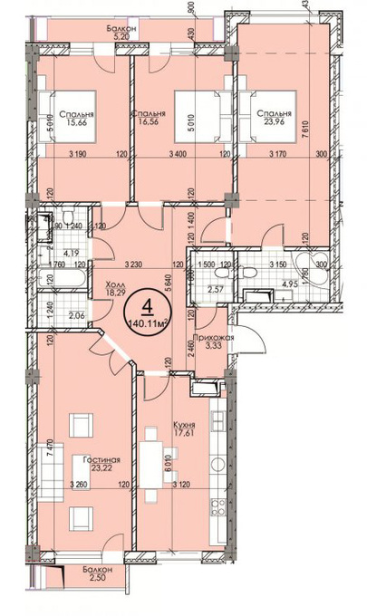 Планировка 4-комнатные квартиры, 140.11 m2 в ЖК Эркиндик, в г. Бишкека