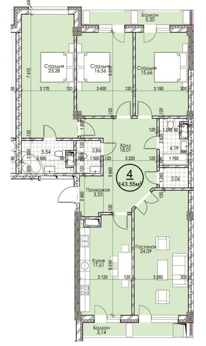 Планировка 4-комнатные квартиры, 143.55 m2 в ЖК Эркиндик, в г. Бишкека